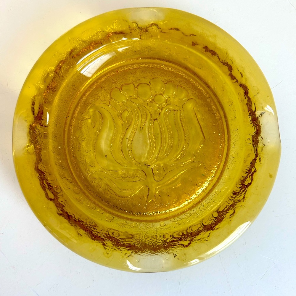 Vtg Anchor‎ Hocking Yellow Glass Cigar Ashtray Lotus Tulip Flower MCM Heavy